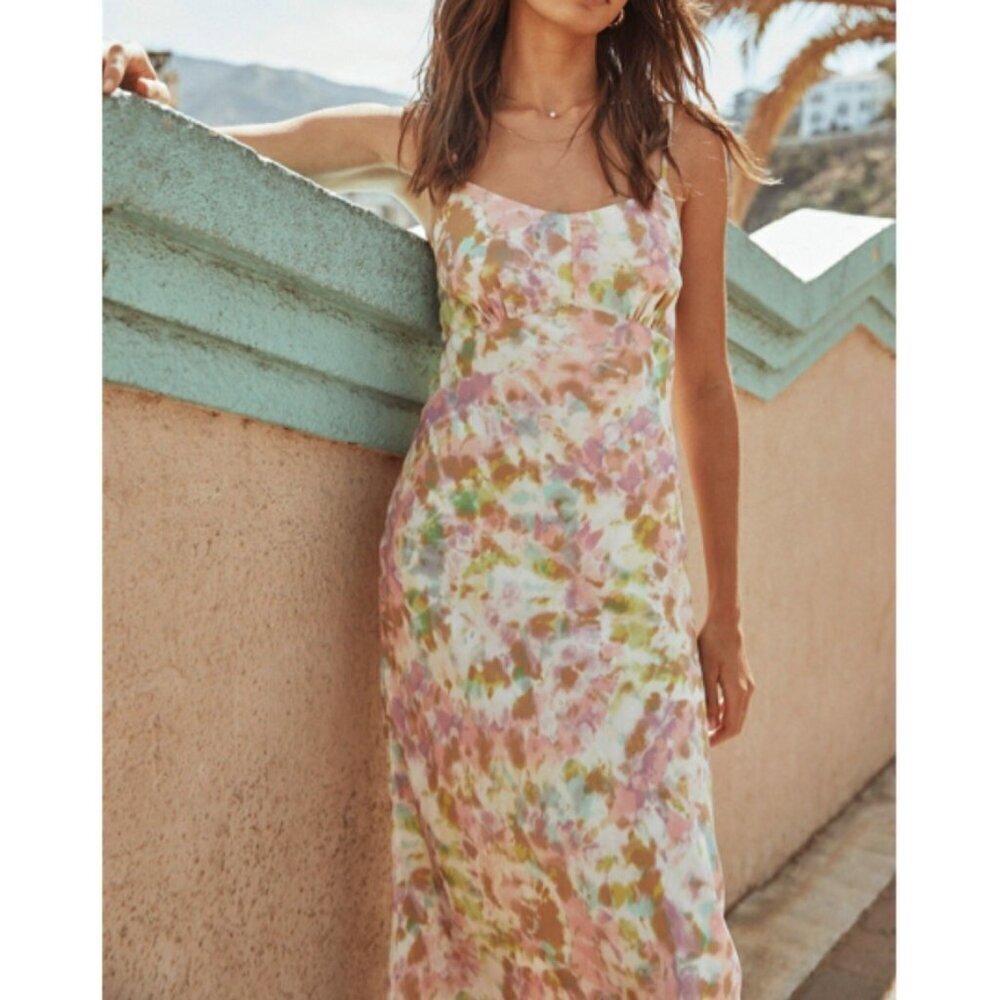 Astr Pastel Tie-Dye Midi Slip Dress in Pink, Green & Cream